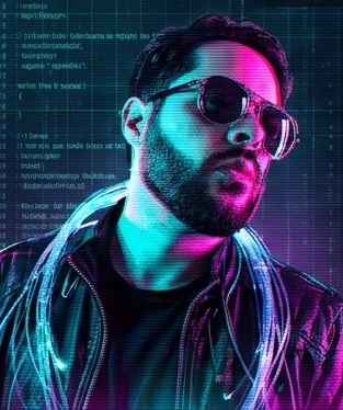 Portrait of node operator 0xWS under cyan and magenta neon light